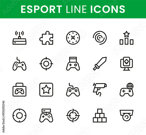 Esport icon set. Esport minimal gaming icons illustrating virtual reality gameplay cyber sports and interactive entertainment.