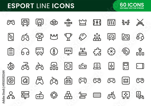 Esport icon set. Esport simple outline icons highlighting online gaming culture digital competition and skill mastery.