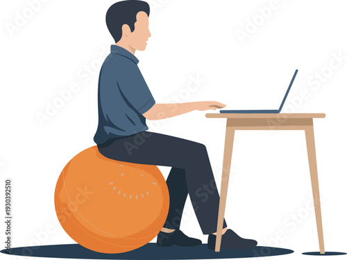 Man working on laptop while sitting on fitness ball, ergonomic office workspace vector illustration isolated on white