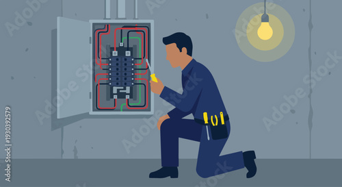  The Residential Breaker Panel
An electrician kneeling in front of an open residential breaker panel in a basement. They are holding a screwdriver, wearing a tool belt. 