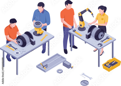 Mechanical engineering workshop training, students repairing industrial gearbox and motor with robotic arm, teamwork flat vector illustration