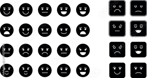 Emoji Face Icon Set with Positive, Negative, and Neutral Expressions in Circle and Square Styles for Chat Apps, User Interfaces, and Digital Communication