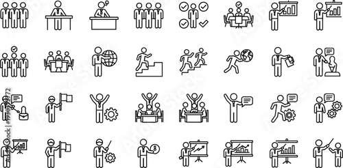 Business presentation and marketing activities outline icons set teamwork promotion line vector collection