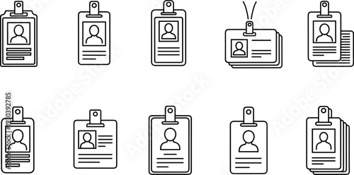 Employee ID Card and Badge Icon Set with Identification, Access Pass, and Office Staff Symbols for HR Systems, Security, and UI Design
