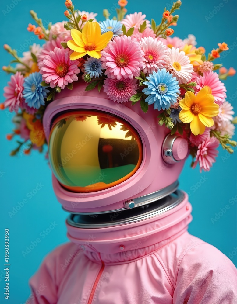 Fototapeta premium Pink astronaut suit with gold visor. Helmet has large bouquet of colorful flowers growing on top. Space explorer wears pink jacket and looks forward against blue background.