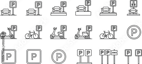Parking signs and transport icons set car bicycle scooter parking lot line vector collection