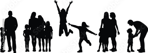 Black silhouettes of happy families with children including parents walking, kids playing, jumping for joy, and expressive people isolated on a clean white background