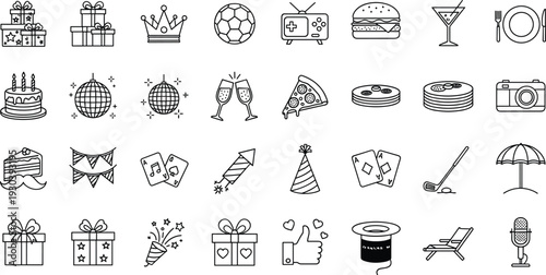 Party celebration and entertainment outline icons set birthday holiday event line vector collection