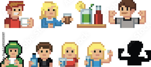 Pixel art fitness characters drinking water and protein shake, retro 8 bit gym lifestyle sprite illustration set