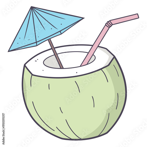 A green coconut, opened at the top to reveal its white flesh, with a pink straw and a blue cocktail umbrella tucked inside giving it the look of a tropical beachside drink.