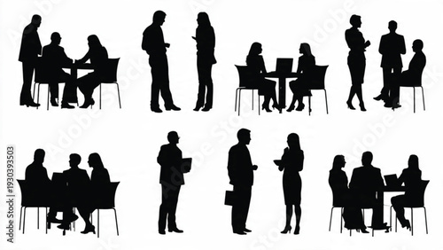 Office teamwork silhouettes set showing meeting discussion and collaboration poses