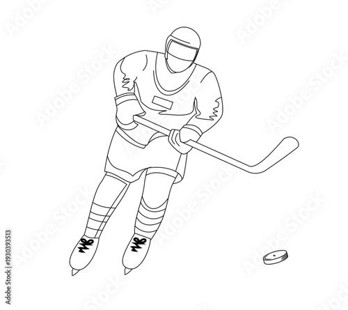 Illustration of an ice hockey player. Line style on a white background.
