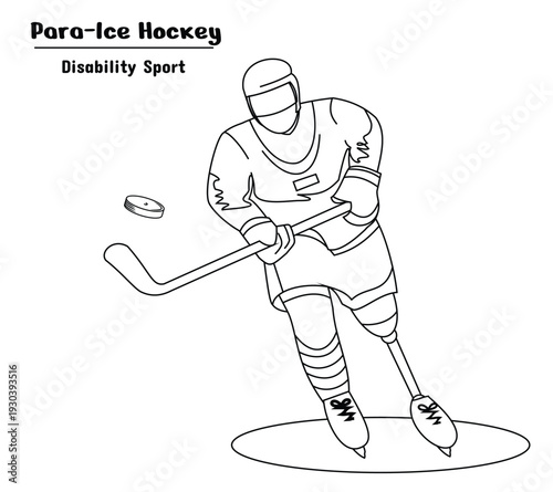 Illustration of para ice hockey player. Line style on a white background.