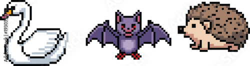 Pixel art swan, bat and hedgehog characters, retro 8 bit animal sprites, isolated game design illustration