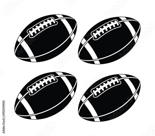 Four Black and White American Footballs on a White Background
