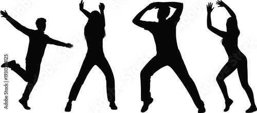 Silhouette dancers, expressive movement, jumping pose, dynamic energy, artistic performance, celebration gesture, human motion, dance art, fitness, creativity, teamwork, rhythm