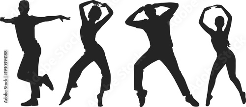 Silhouette dancers, male and female forms, expressive poses, dynamic rhythm, artistic movement, fitness, celebration, teamwork, creativity, dance performance, motion, energy