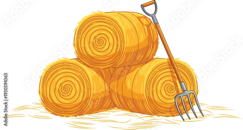 Hay Bales and Pitchfork Vector Illustration, Stacked Round Straw Bales with Garden Fork on Ground, Agriculture and Farming Concept, Stock