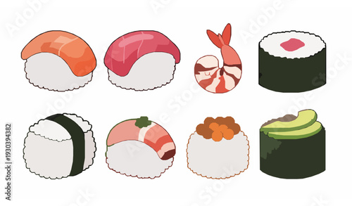 Whimsical cute sushi characters vector icon set Asian food