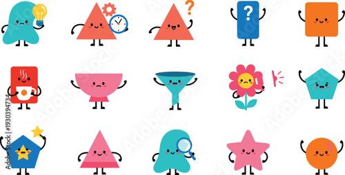Cute geometric cartoon characters set colorful funny shapes mascots flat vector illustration collection