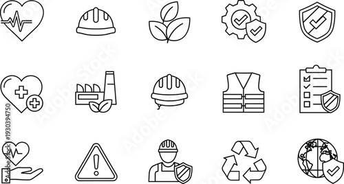 Safety and health outline icons set construction protection eco industry line vector collection