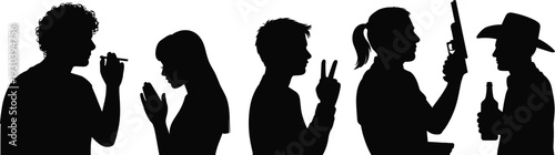 Black silhouettes of people in profile including a woman praying man smoking person giving peace sign woman holding gun and cowboy drinking isolated on white