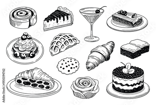 Hand-Drawn Assortment of Delicious Pastries and Desserts
