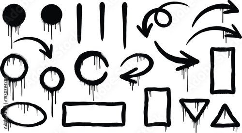Black graffiti arrows circles and frames set hand drawn spray paint design elements collection