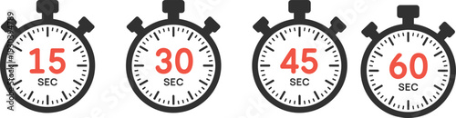 Stopwatch countdown timer icons set, 15 30 45 60 seconds analog clock vector illustration