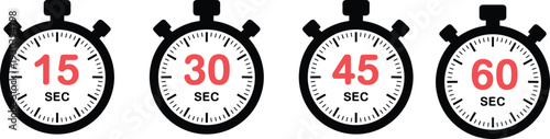 Stopwatch timer set with 15 30 45 60 seconds icons, countdown clock vector illustration collection