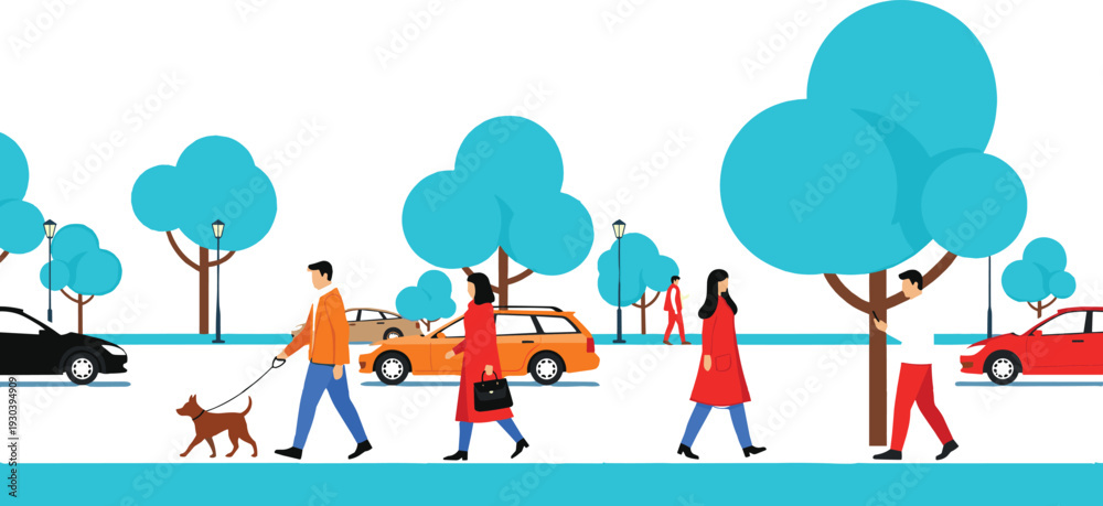 Fototapeta premium Urban Street Scene with People Walking Illustration