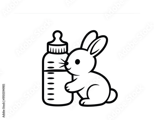 Cute cartoon bunny hugging a baby bottle, black and white