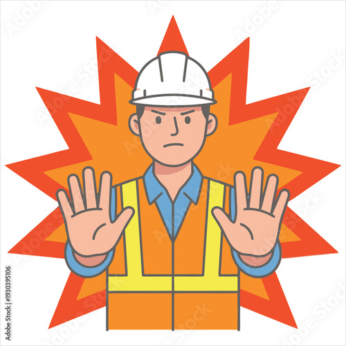 No Entry Sign Concept – Male Worker Stopping with Stop Hand Gesture Flat Vector Illustration