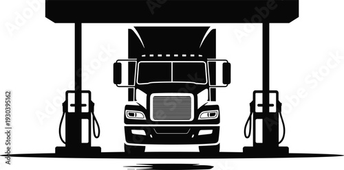 Truck at gas station fuel pump silhouette, heavy transport refueling service icon black vector illustration