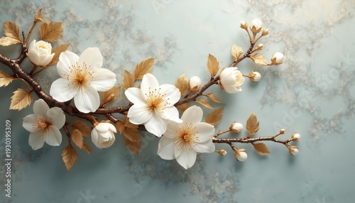 Elegant white flowers and gold leaves on branch. Delicate floral design with buds and open blossoms against marbled background. Sophisticated natural motif.