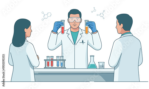 Lead Scientist Presenting Chemical Test Tubes to Team – Modern Laboratory Research Flat Vector Illustration