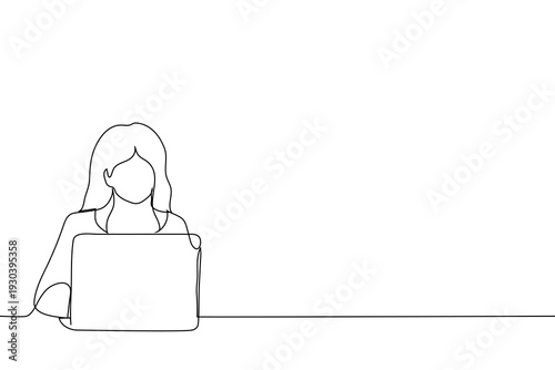 Minimalist continuous line drawing of a woman working at a laptop on the left side, leaving significant copy space on the right, representing remote work and digital education