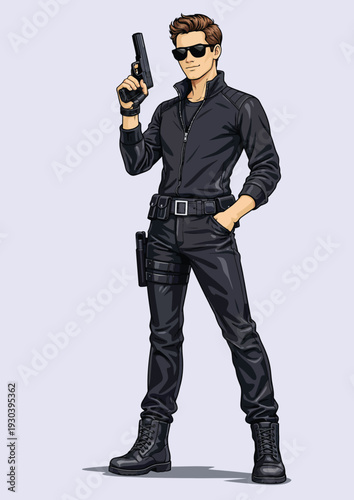070-10-Secret agent man standing, holding a gun, wearing sunglasses and tactical gear
