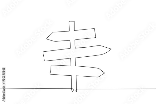 Minimalist continuous line drawing of a wooden signpost with three arrows pointing in different directions, representing choice, travel, and decision making