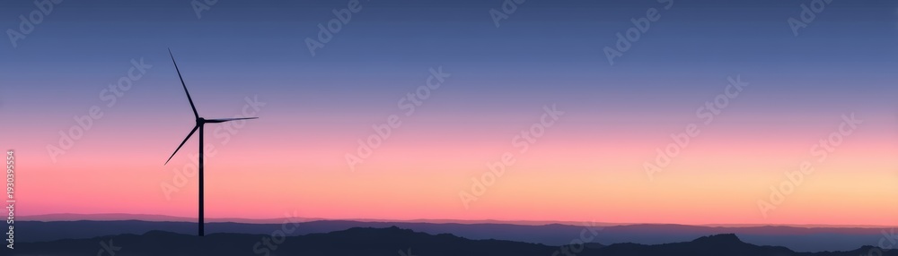 Fototapeta premium A single wind turbine stands on a ridge against a vibrant sunset sky with hues of pink, purple, and blue, overlooking distant mountain silhouettes, Renewable energy savings check list