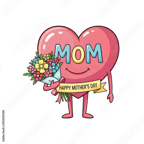 A heartfelt cartoon character holding a bouquet celebrating motherhood with affectionate love