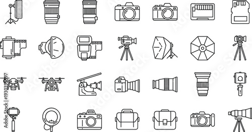 Photography and Videography Equipment Line Icon Set