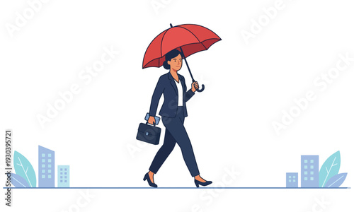 Determined Businesswoman Walking with Red Umbrella – Protection and Resilience Flat Vector Illustration