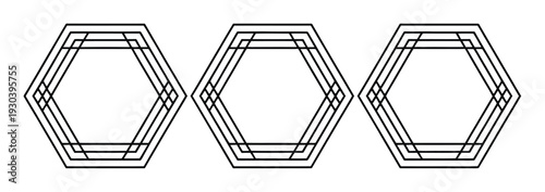 Three interconnected geometric hexagons with a minimalist black and white