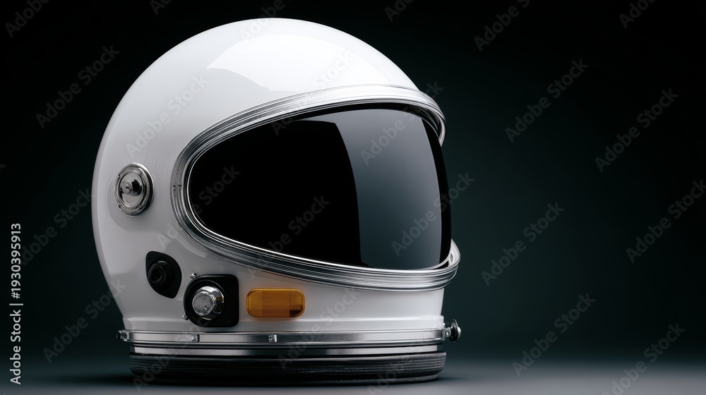 Fototapeta premium White astronaut helmet with reflective visor and detailed components, positioned on a dark background highlighting its design and features