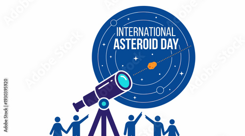 Vector illustration of an astronomy event, showcasing people observing an asteroid through a telescope, symbolizing global space awareness and celestial exploration initiatives