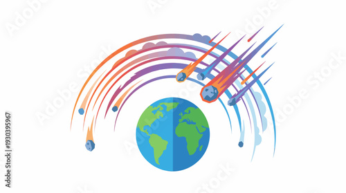 Dynamic illustration of Earth facing a perilous barrage of meteors and comets, depicting an extraterrestrial threat, cosmic impact event, and environmental vulnerability