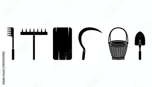 Essential garden and agricultural tools collection in monochrome vector silhouette. Diverse farming equipment for planting, harvesting, and cultivation projects and tasks