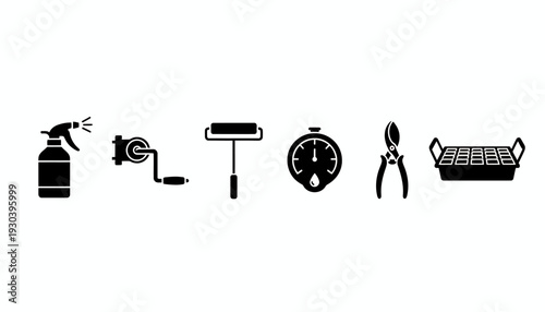 Collection of Garden Tools and Supplies Illustrated in Black and White Icons