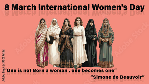 International Women's Day Vector Illustration – Diverse Group of Women in Traditional Cultural Attire with Simone de Beauvoir Quote